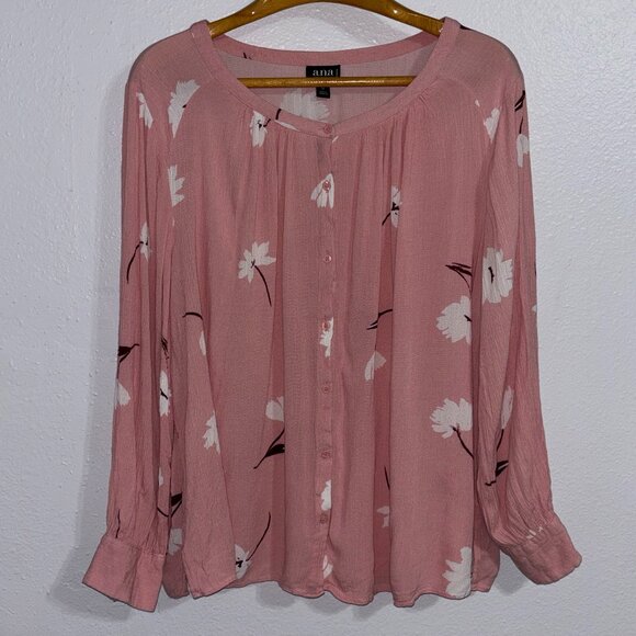 a.n.a A New Approach Floral Blouse Pink Long Sleeve Rayon 1X Boho Lightweight - Picture 1 of 10